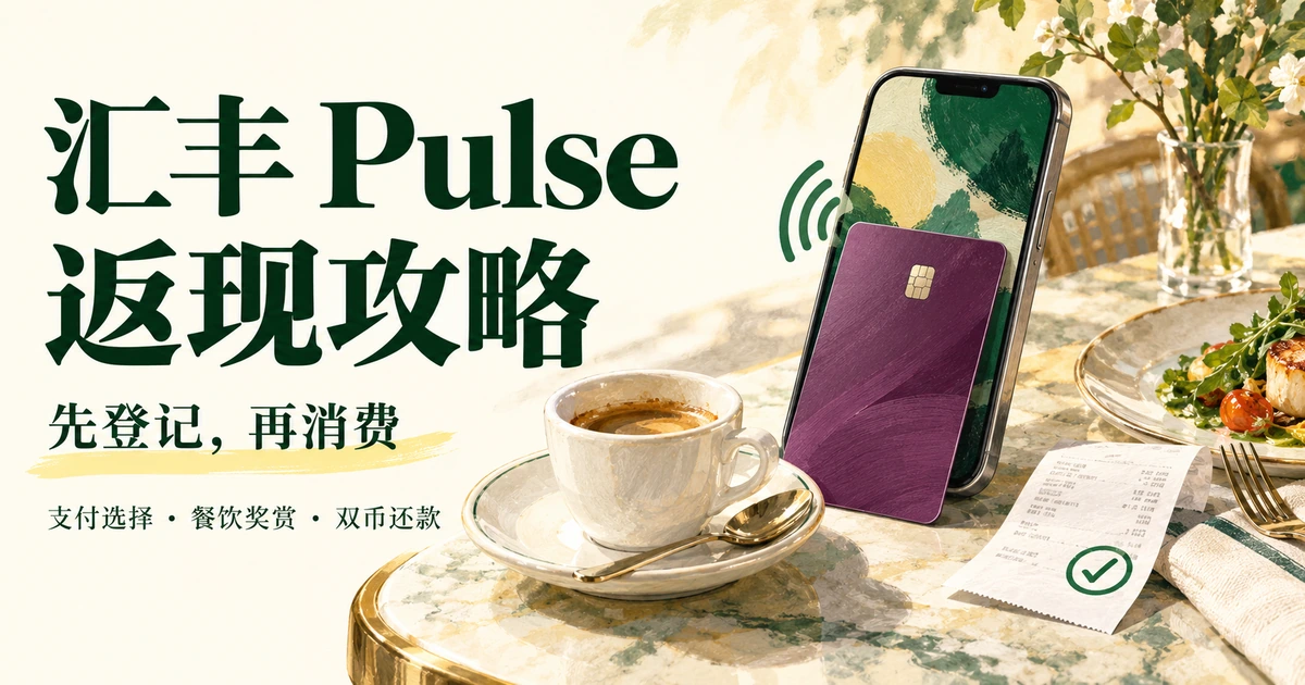 汇丰 Pulse 返现攻略插画封面:紫色概念信用卡、手机非接触支付、咖啡和餐饮小票,提示先登记再消费。