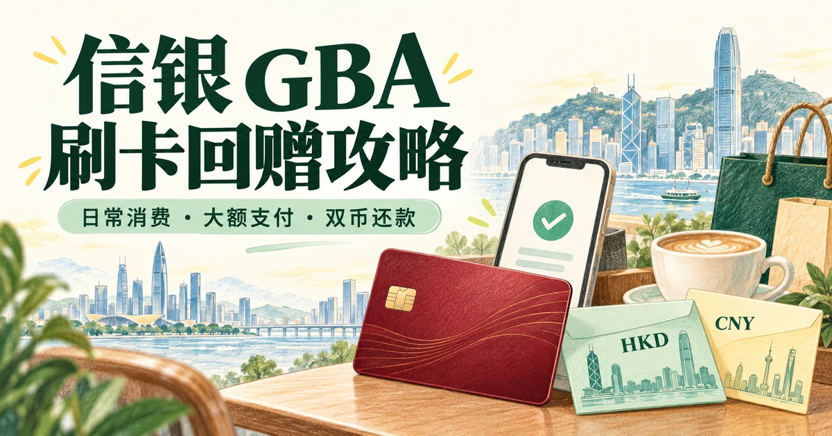 信银GBA用卡攻略概念插画:无品牌红色信用卡、支付手机、购物袋与HKD和CNY还款信封,背景为深港城市海景。