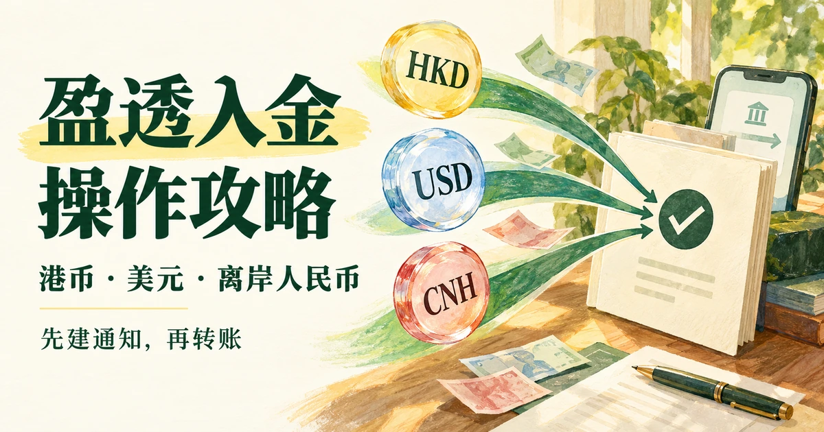 盈透入金操作攻略插画封面:HKD、USD、CNH 三种币种沿绿色路径汇入转账单,提示先建通知再转账。