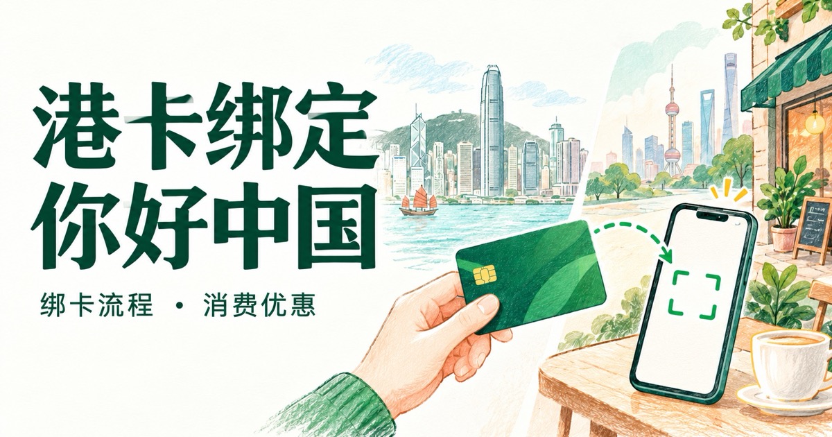 港卡绑定你好中国攻略插画:绿色银行卡连接扫码手机,背景为香港海港与内地咖啡店。